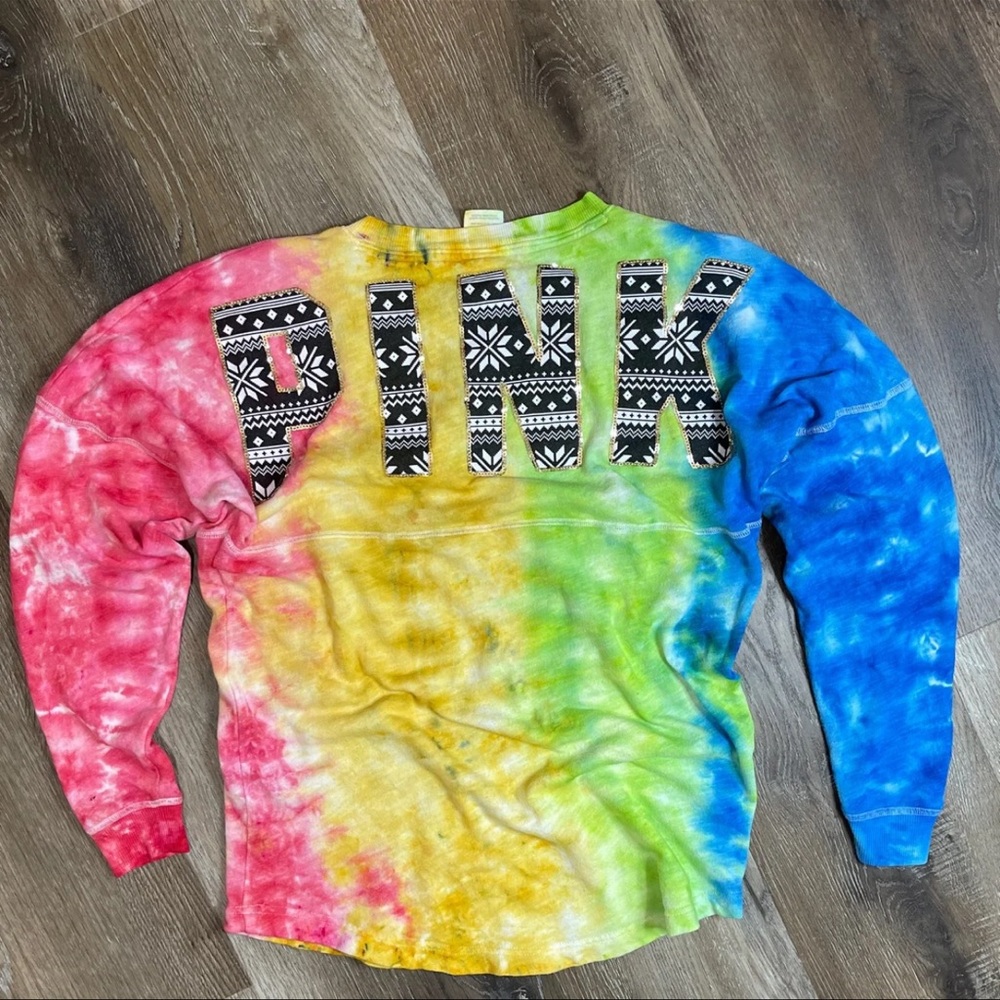 Custom Tie-Dye Victoria's Secret PINK Bling Varsity Pullover Crew (SMALL)